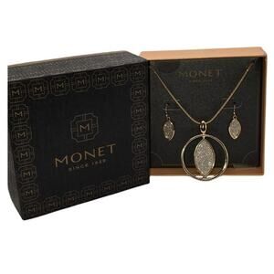 Monet Gold Tone Glitter Pendant Necklace & Drop Earrings Gift Set - New in Box